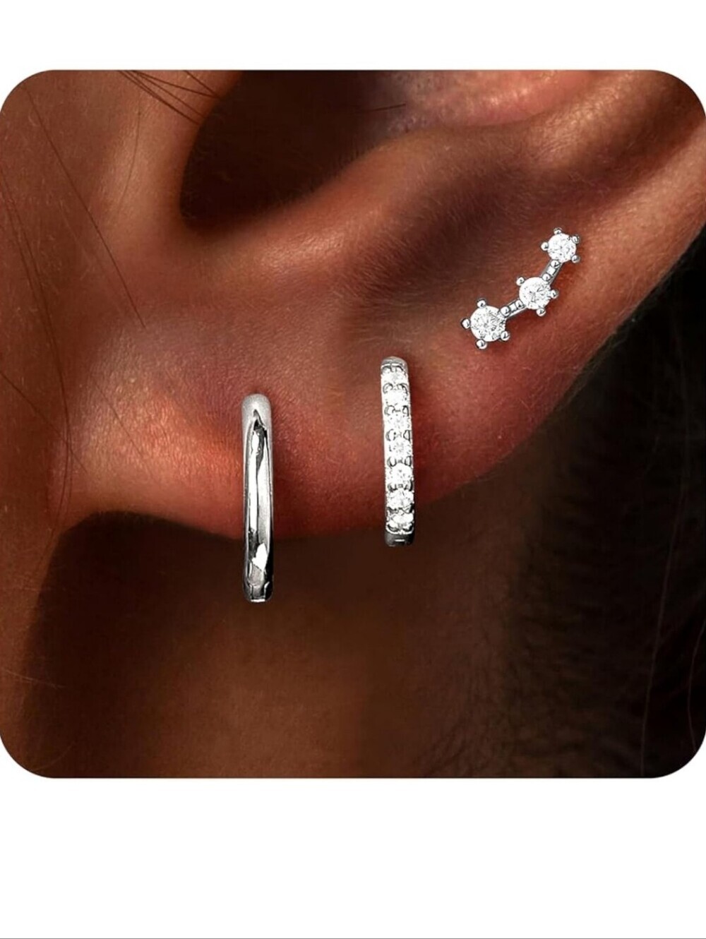 Sterling Silver Cubic Zirconia Ear Cuff & Huggie Set - Silver